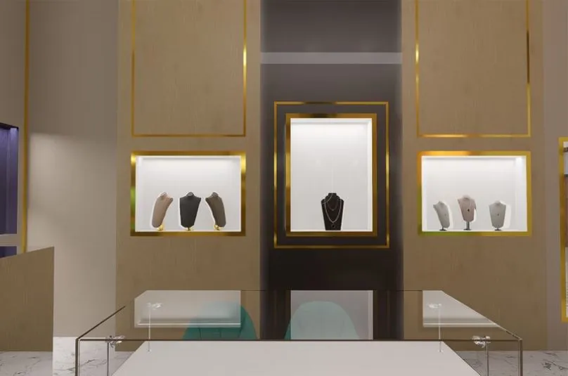 Jewelry Showroom Display Wall with Sculptural Feature & Backlit Niches Premium Showcase Units Desk and Decor 