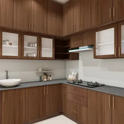 Modern L-Shaped Kitchen with Open Metal Shelving Modular Kitchen Desk and Decor 