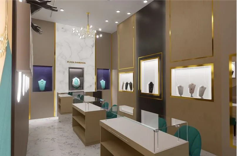 Jewelry Showroom Display Wall with Sculptural Feature & Backlit Niches Premium Showcase Units Desk and Decor 