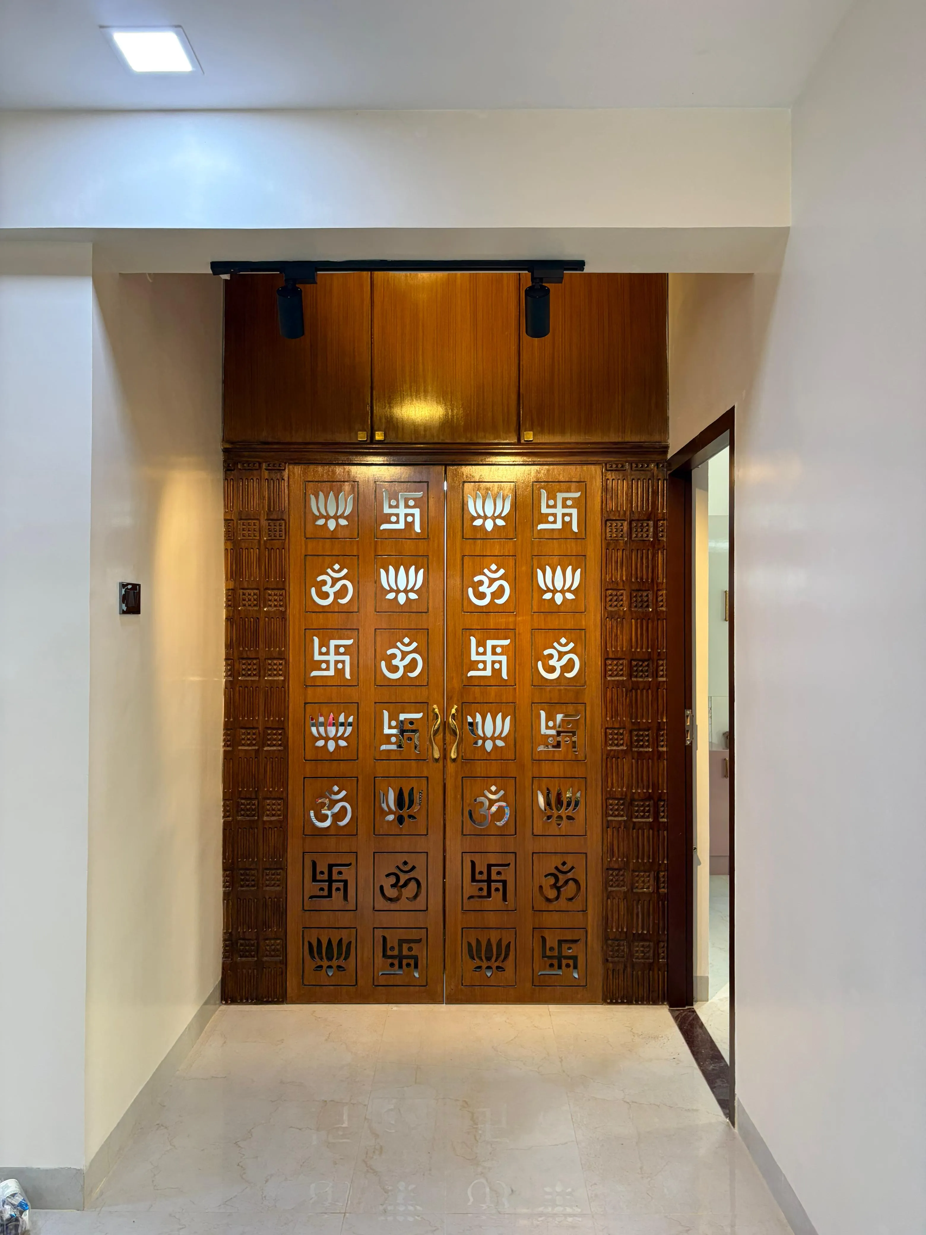 Modern Traditional Pooja Room Entrance Hand-Carved Teak Wood Door with Sacred CNC-Cut Motifs Floor Standing TV Units Desk and Decor 