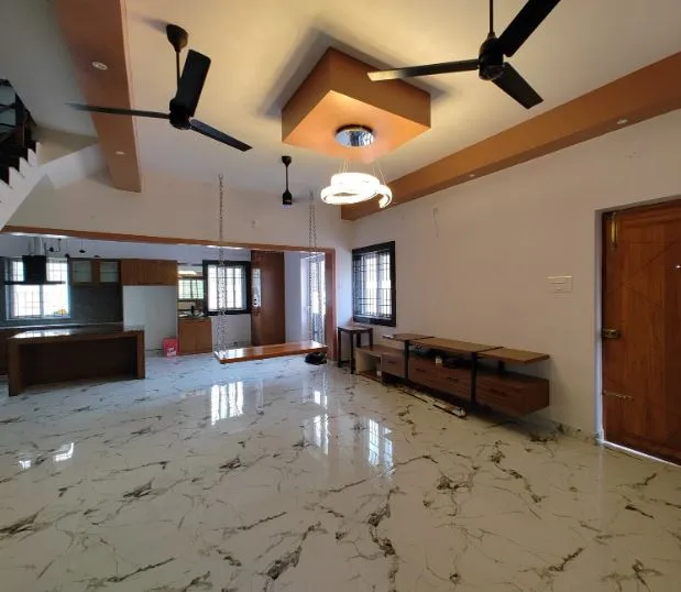 Open-Plan Living Room with Wooden Swing & Marble Flooring Modern Living Room Designs Desk and Decor 