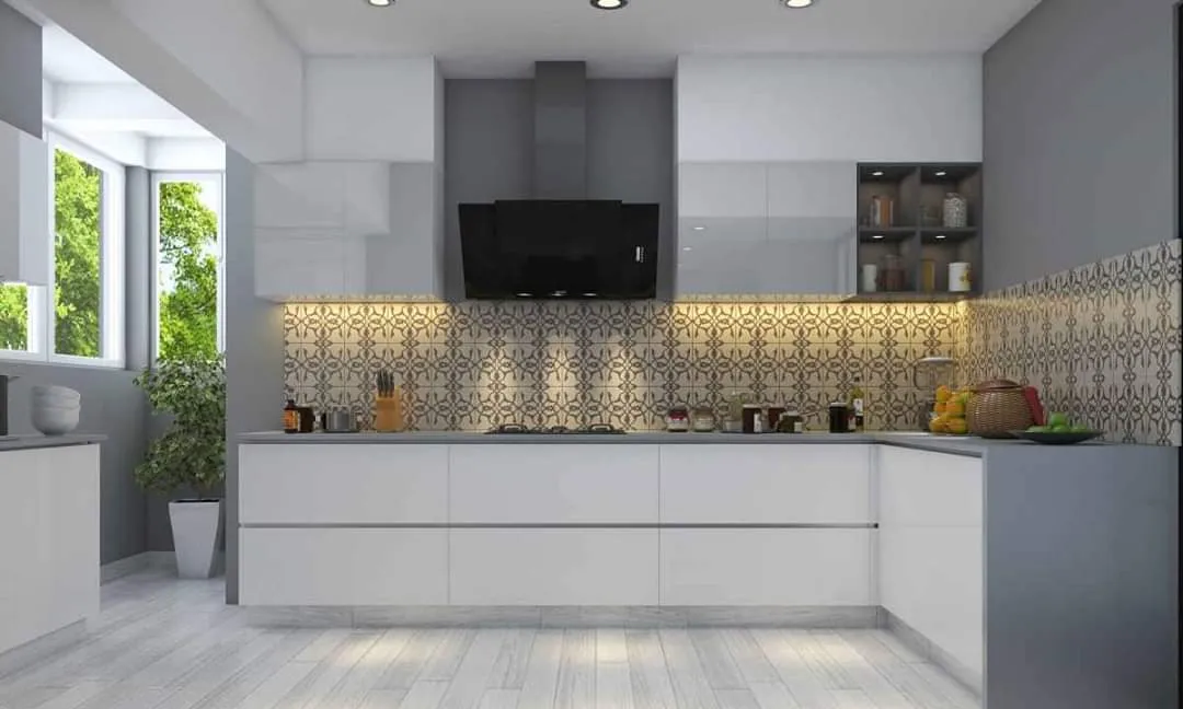L-Shaped Modular Kitchen with Black Cabinets & Dining Nook Modular Kitchen Desk and Decor 