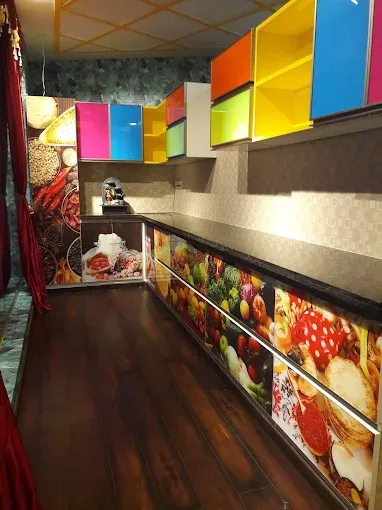 Vibrant Multi-Color Modular Kitchen with Digital Print Graphics Modular Kitchen Desk and Decor 