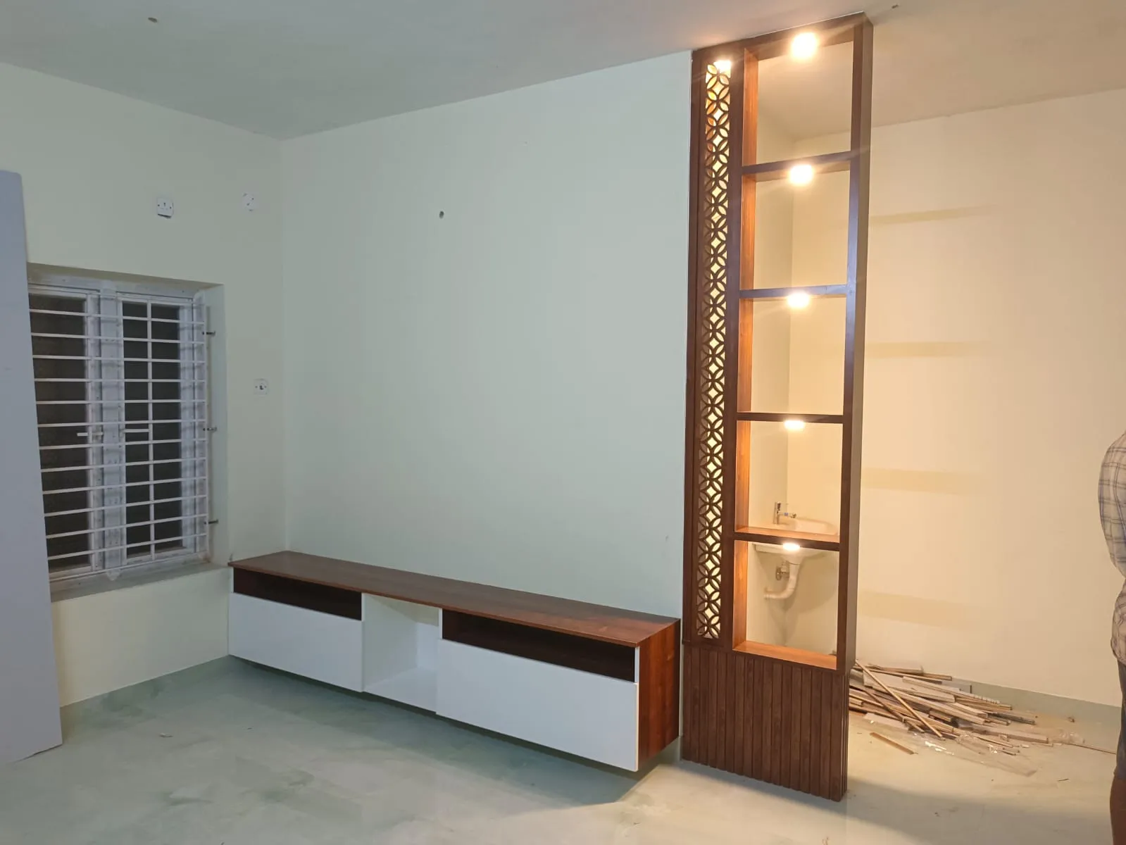 Modern Divider Floating Media Console with Decorative Jali Partition Wall Mounted TV Units Desk and Decor 