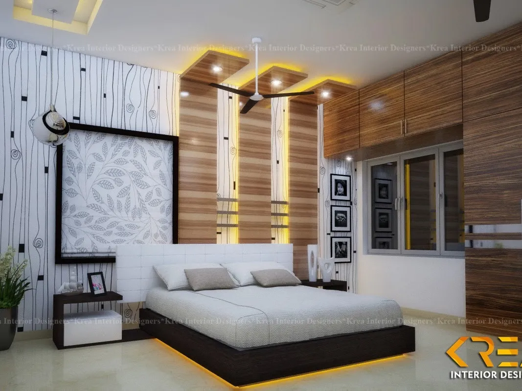 Luxury Master Bedroom with Wooden Panel Headboard & False Ceiling Modern Bedroom Desk and Decor 