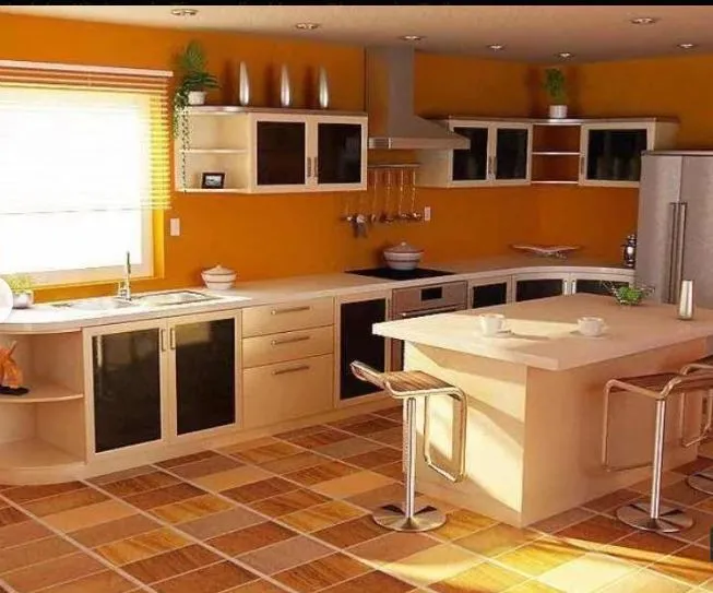 "L-Shaped Modular Kitchen with Center Island – Orange Accent Wall" Modular Kitchen Desk and Decor 