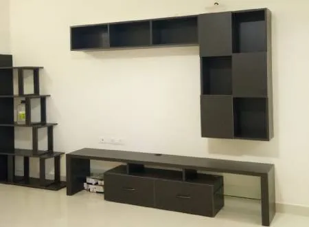 Living Room with Dark Wenge Wood TV Wall Unit TV Unit Focused Design Desk and Decor 