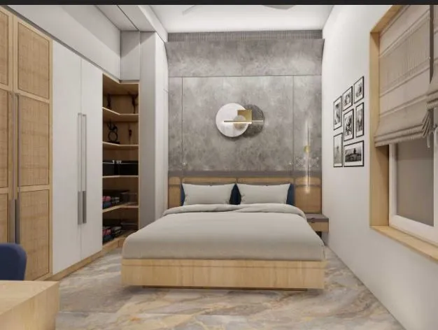 Master Bedroom with Wardrobe & Bed Backwall Modern Bedroom Desk and Decor 