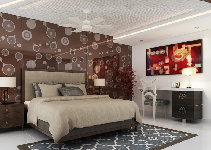 Elegant Master Bedroom with Tufted Headboard & Layered False Ceiling Modern Bedroom Desk and Decor 