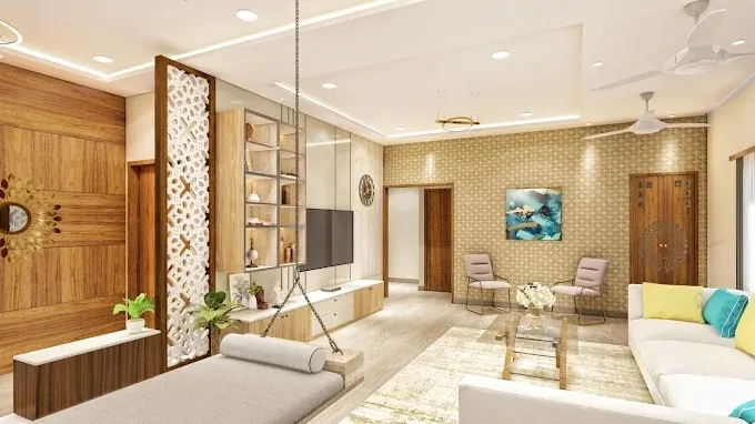Living Room with Jaali Partition & Hanging Swing Modern Living Room Designs Desk and Decor 