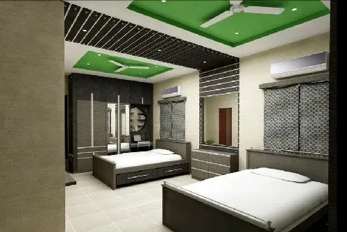 Bedroom with Green False Ceiling & Grey Textured Wardrobe Modern Bedroom Desk and Decor 