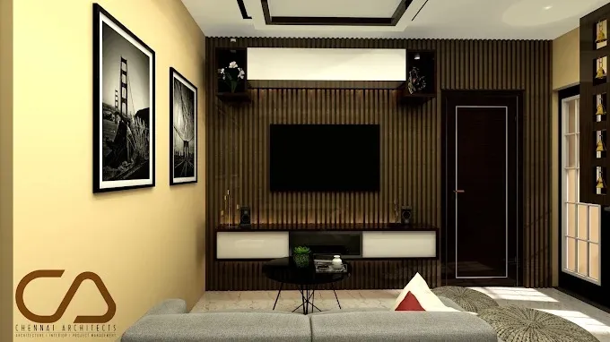 Living Room with Wooden False Ceiling & Stone Cladding TV Wall Modern Living Room Designs Desk and Decor 