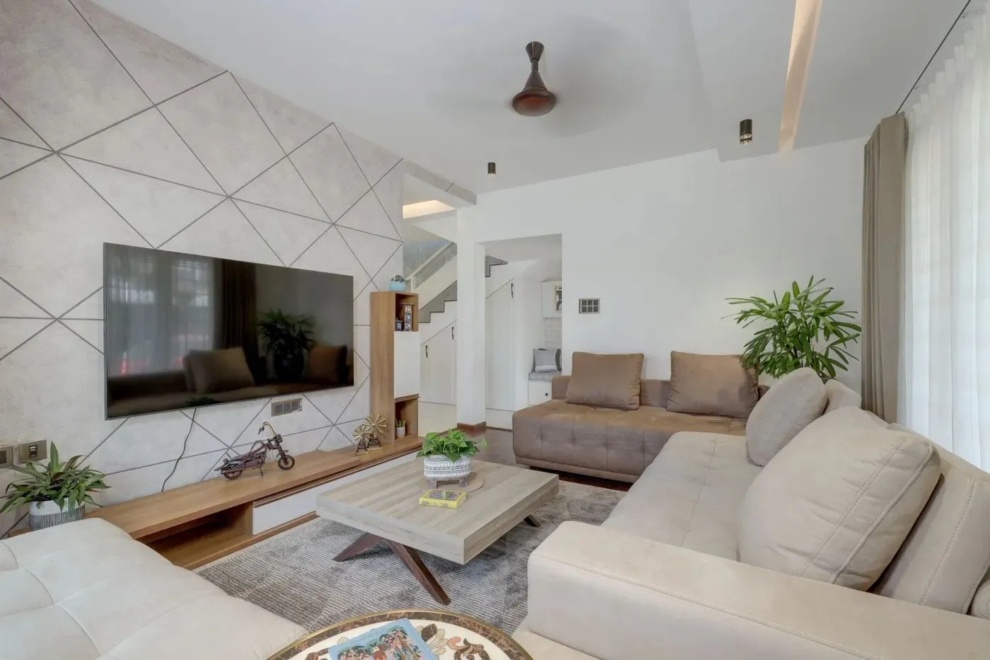 Artistic Living Room with CNC Panel Wall & Mural Staircase Backdrop Modern Living Room Designs Desk and Decor 