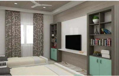 Contemporary Bedroom with Stone-Clad TV Feature Wall and Curved False Ceiling Modern Bedroom Desk and Decor 
