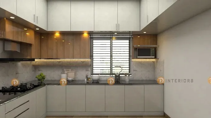 U-Shaped Modular Kitchen with Wood & White Cabinetry Modular Kitchen Desk and Decor 