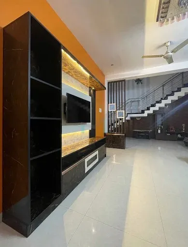 Wall-Mounted TV Unit with Glass Display Cabinet & Wood Accent TV Unit Focused Design Desk and Decor 