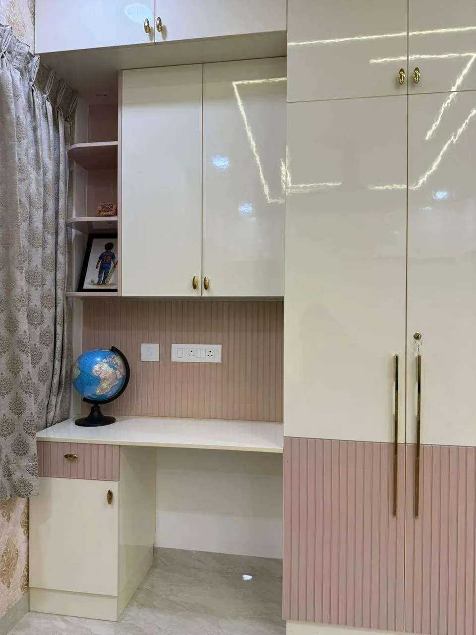 Luxury Glossy Wardrobe with Gold Trim & Loft Storage Modular Wardrobe Desk and Decor 