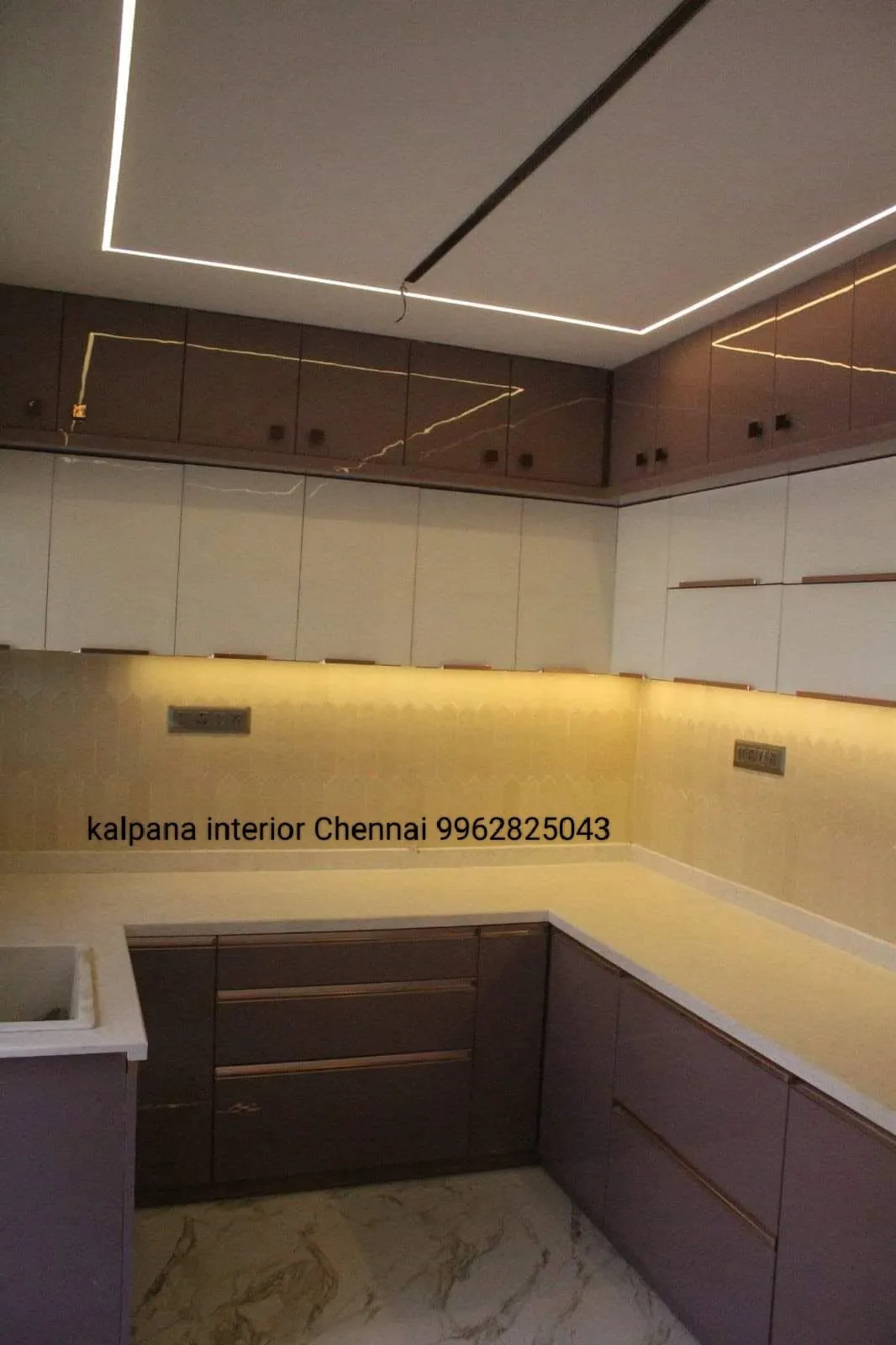 L-Shaped Modular Kitchen with Dual-Tone Cabinets & LED Profile Lighting Modular Kitchen Desk and Decor 