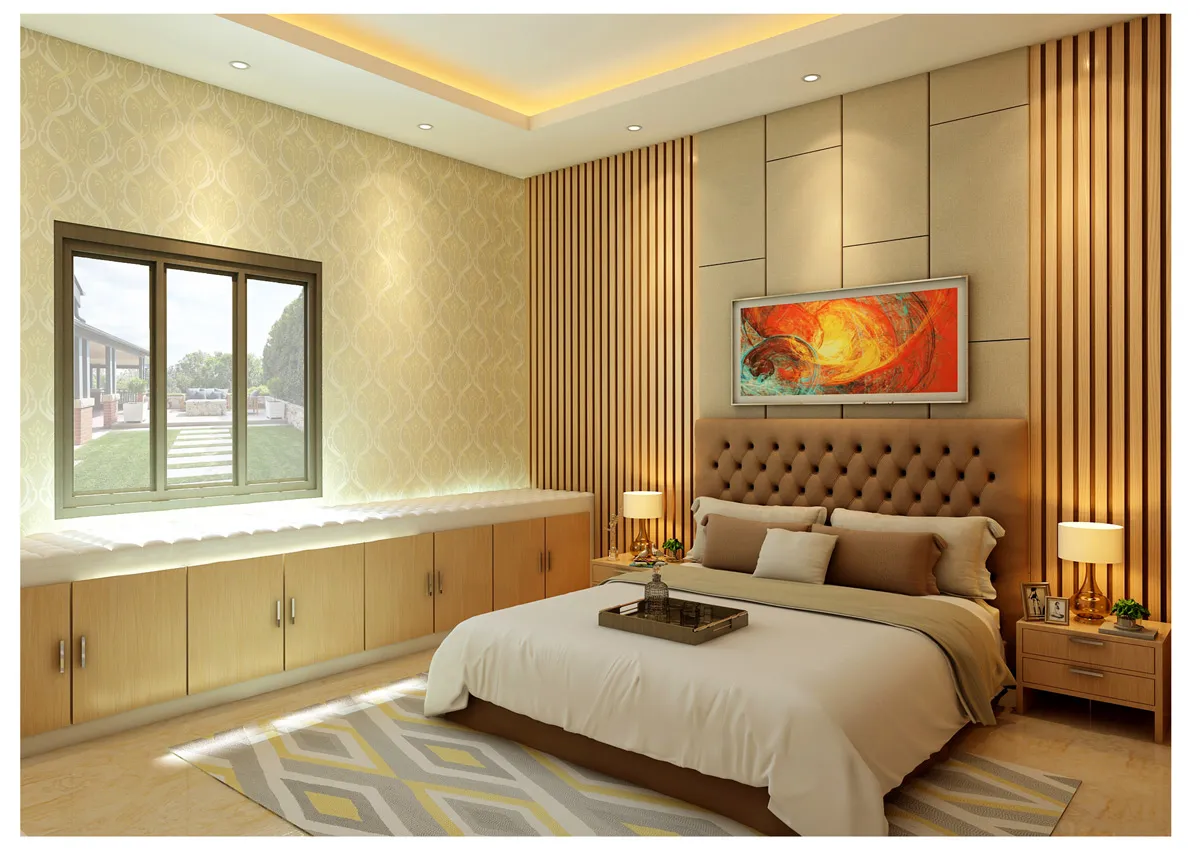 Master Bedroom with Mirror-Inlay Feature Wall Modern Bedroom Desk and Decor 