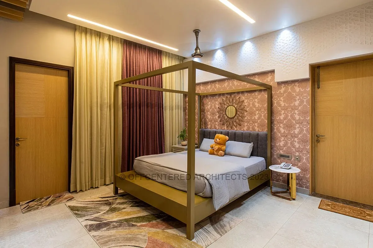 Luxury Bedroom with Fluted Wood Ceiling & Concrete-Finish Accent Wall Modern Bedroom Desk and Decor 