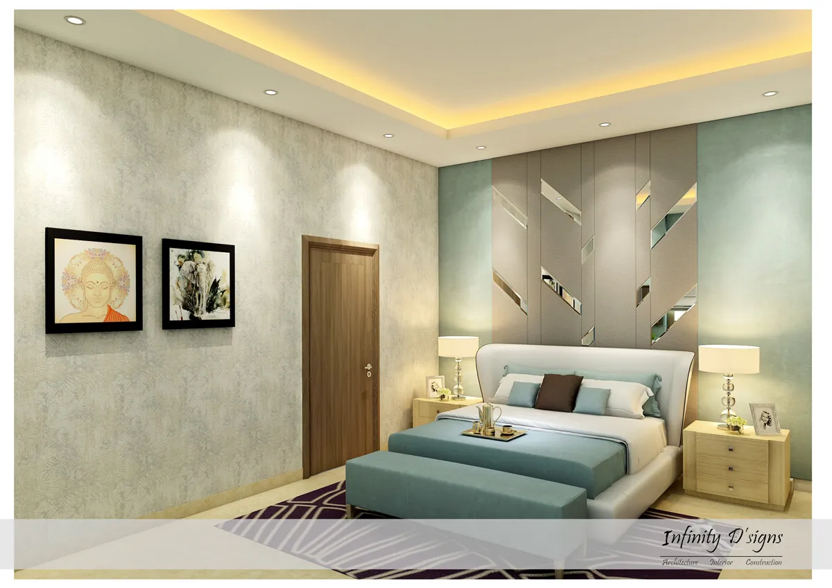 Master Bedroom with Mirror-Inlay Feature Wall Modern Bedroom Desk and Decor 
