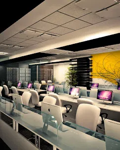 Modern Corporate Office Workstation Area with Yellow Accent Wall Corporate Office Layouts Desk and Decor 