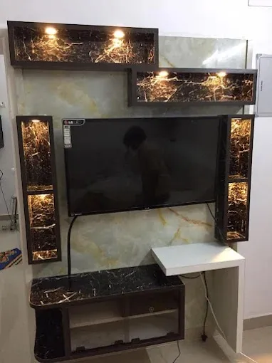 Reception Lobby / Elevator Foyer — Marble Feature Wall TV Unit Focused Design Desk and Decor 