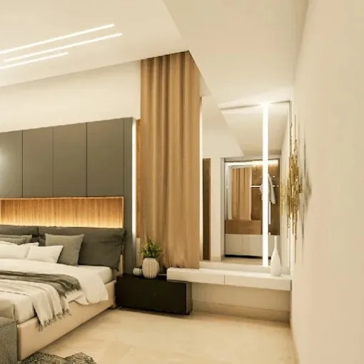 Luxury Master Bedroom with Mirror Feature Wall Modern Bedroom Desk and Decor 