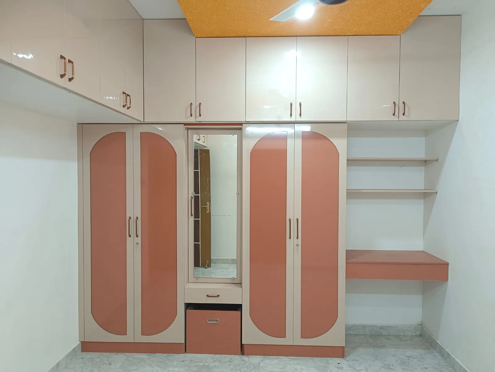 Full-Height Hinged Wardrobe with Vanity Desk and Arched Design Accents Hinged Wardrobes Desk and Decor 