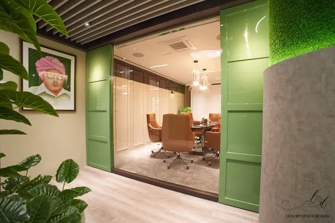 Corporate Meeting Room with Green Sliding Doors & Artistic Corridor Corporate Office Layouts Desk and Decor 