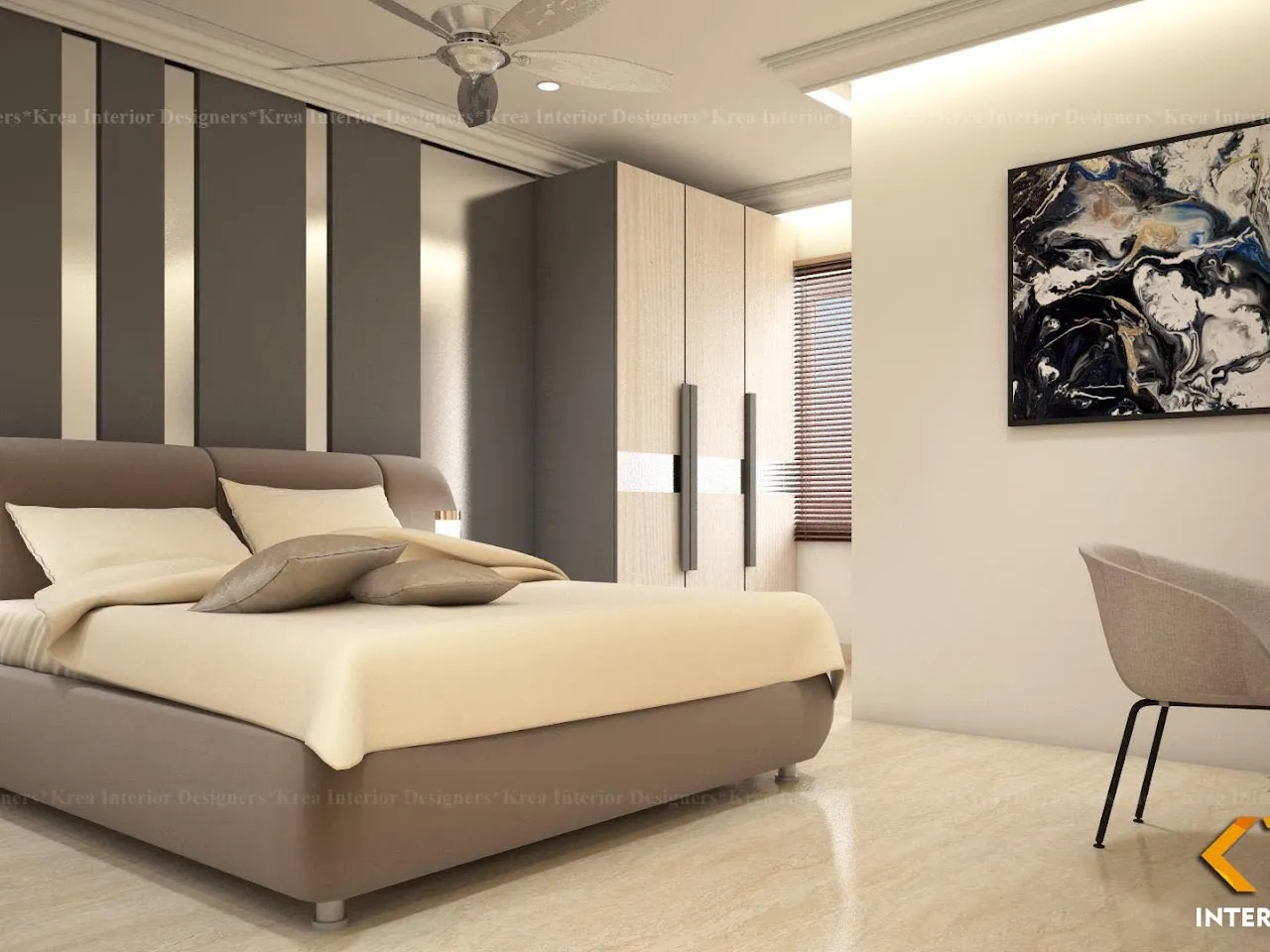 Luxury Master Bedroom with Wooden Panel Headboard & False Ceiling Modern Bedroom Desk and Decor 