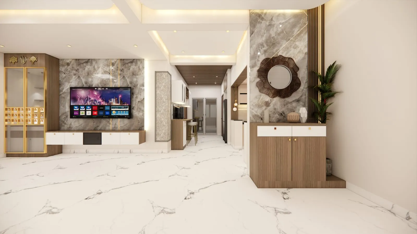 Modern Luxury Living Room Marble-Clad TV Feature Wall with Integrated Entryway Console Wall Mounted TV Units Desk and Decor 