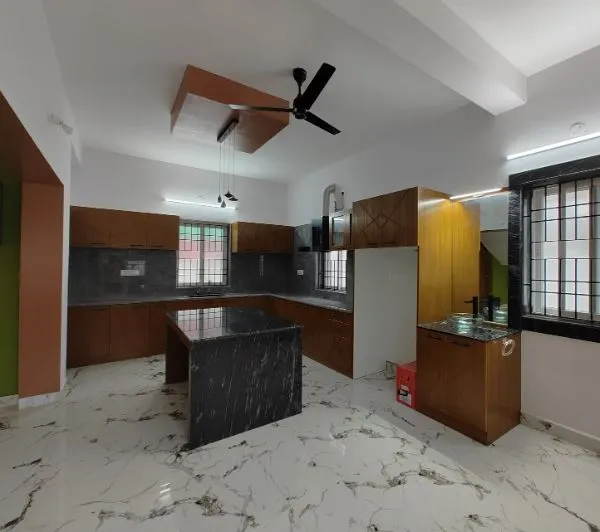 Open Kitchen with Central Island & Marble Flooring Open Kitchen Desk and Decor 