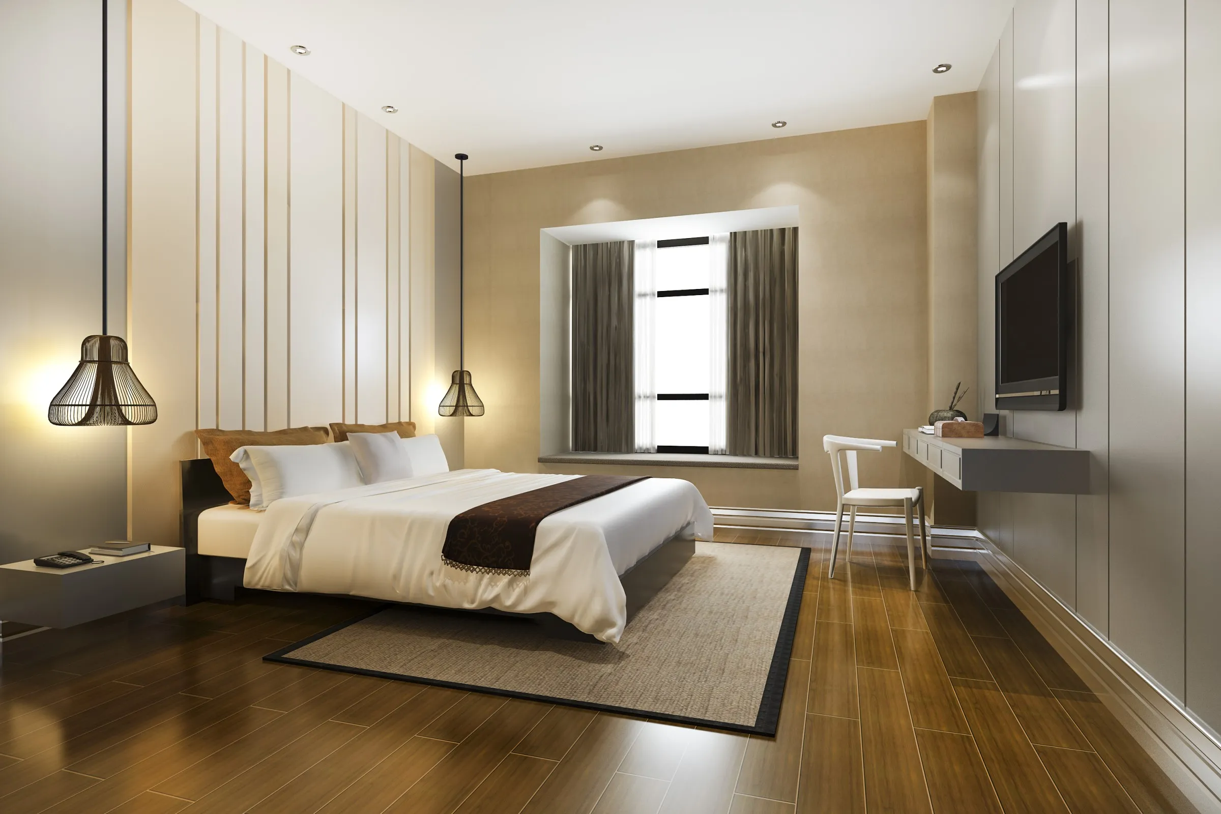 Hotel-Style Master Bedroom with Fluted Wood Panel Wall with Wooden Classic Bedroom at Deskanddecor