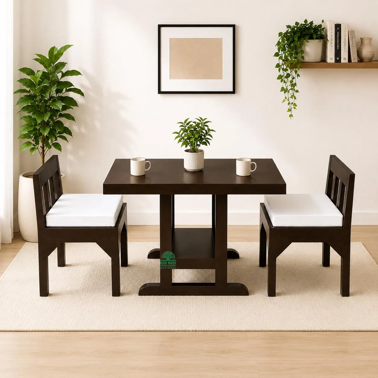 National Solid Mango Wood 2 Seater Dining Table Set with Cushioned Chairs with 2 Seater Dining Tables at Deskanddecor