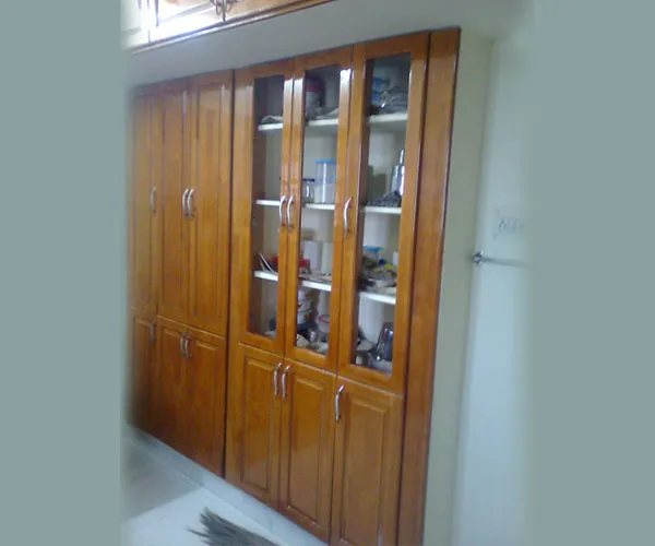 Glossy Wooden Storage Cabinet with Glass Display Doors with Modular Wardrobe at Deskanddecor