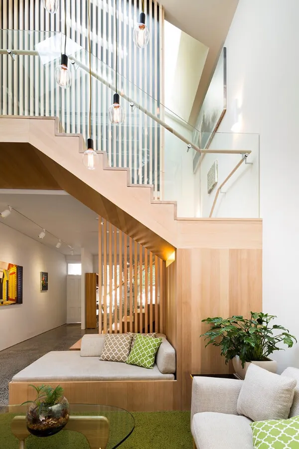 Modern Wooden Staircase Nook / Built-In Daybed Lounge with Modern Living Room Designs at Deskanddecor