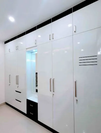 "Glossy White Wardrobe with Integrated Mirror Dresser Unit with Mirror Wardrobe at Deskanddecor