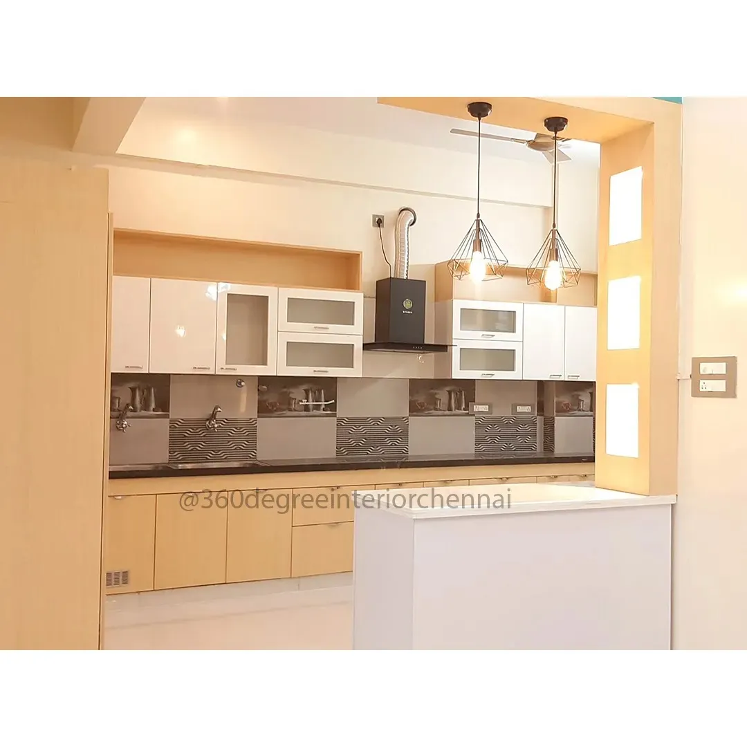 odern Modular Kitchen with Breakfast Counter and Partition Arch with Modular Kitchen at Deskanddecor