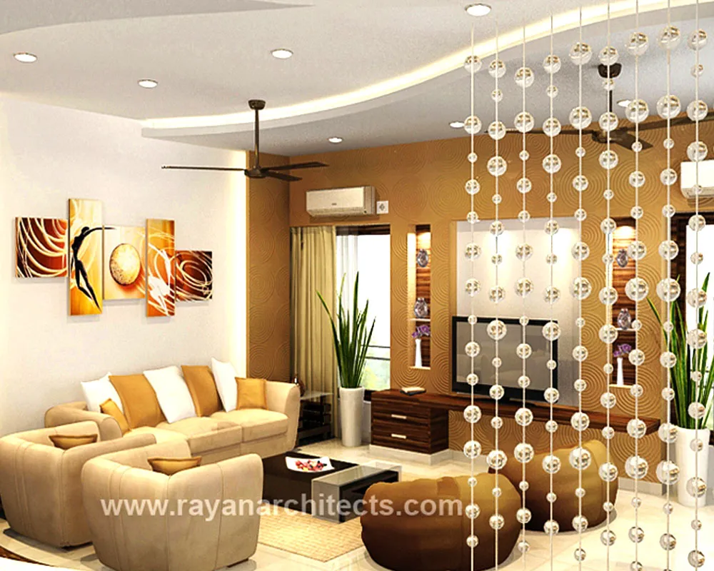 Living Room with Textured Feature Wall & Beaded Curtain Divider with Modern Living Room Designs at Deskanddecor