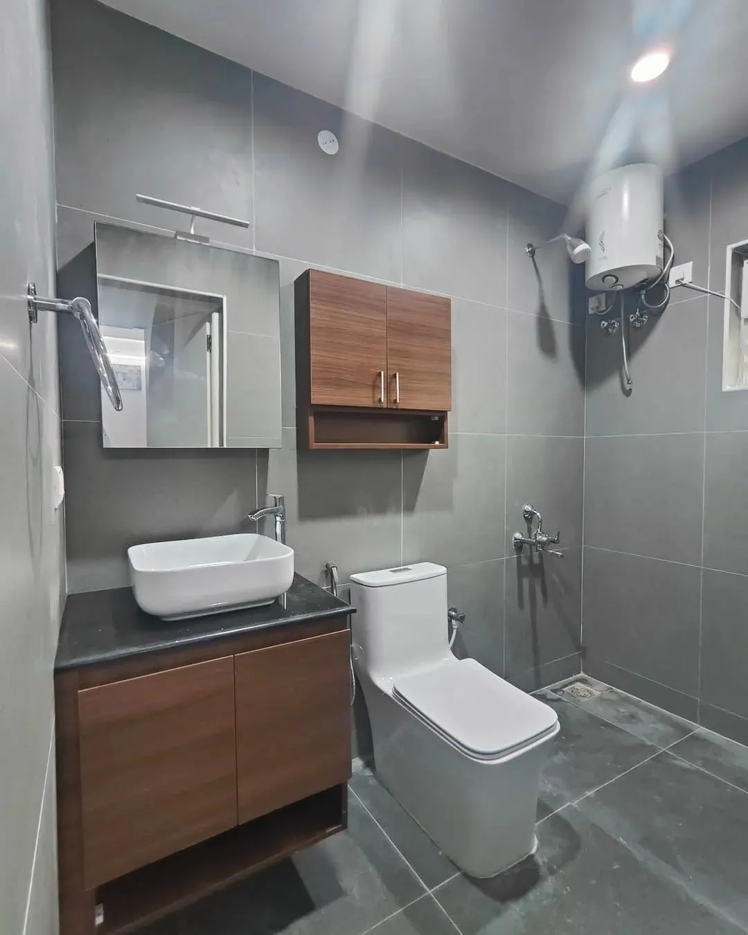 Modern Gray and Wood-Accent Bathroom Interior Design with Modern Bathroom Designs at Deskanddecor