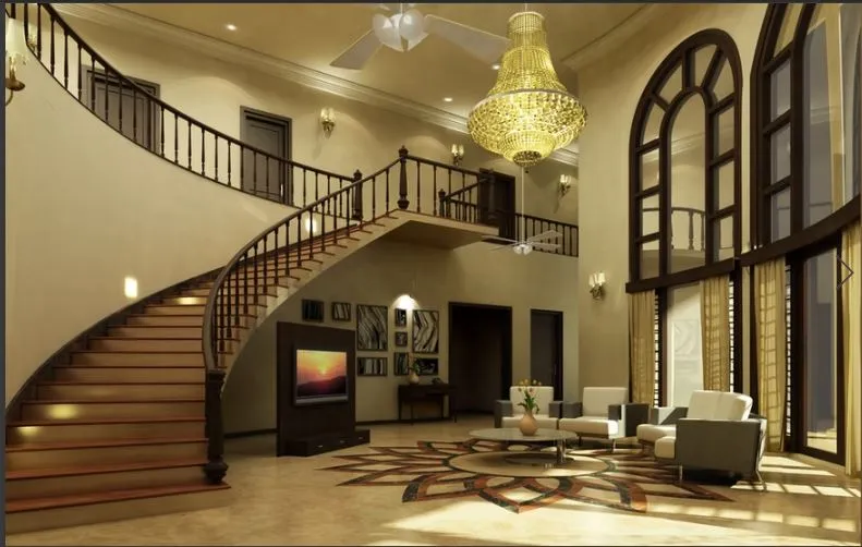 Double-Height Living Hall with Grand Staircase with Modern Living Room Designs at Deskanddecor