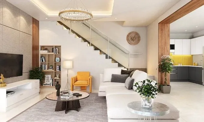 Duplex Living Room Set with White Sectional Sofa & Round Crystal Chandelier with Modern Living Room Designs at Deskanddecor