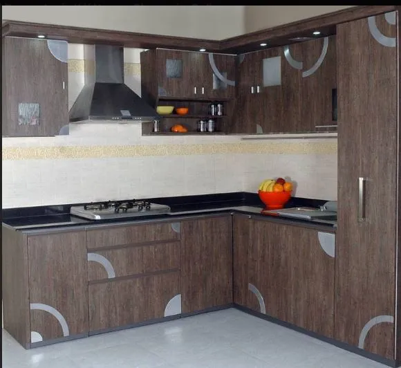 L-Shaped Modular Kitchen with Wood Grain Finish & Circular Accent Design with Modular Kitchen at Deskanddecor
