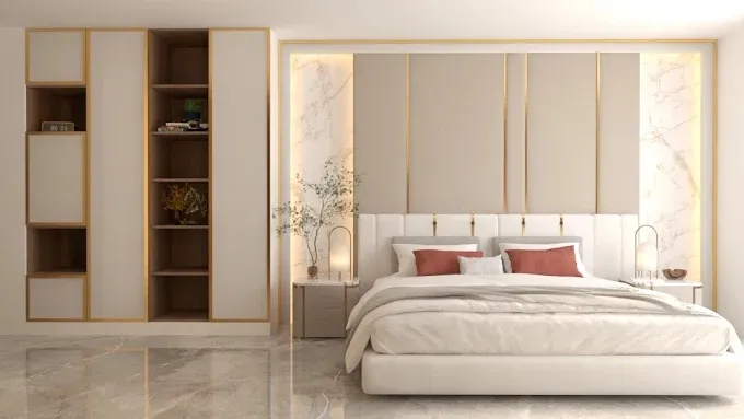 Luxury Master Bedroom with Gold-Trim Panel Headboard & Marble Backdrop with Modern Bedroom at Deskanddecor