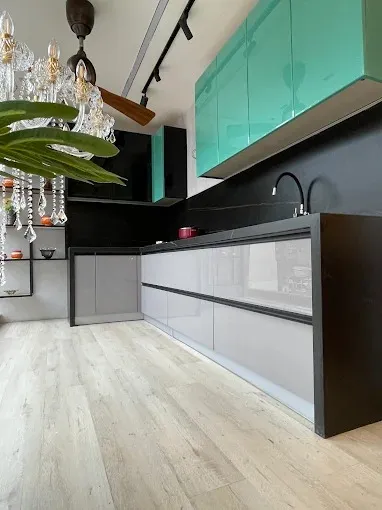 Modern Kitchen with Turquoise Glossy Overhead Cabinets with Modular Kitchen at Deskanddecor