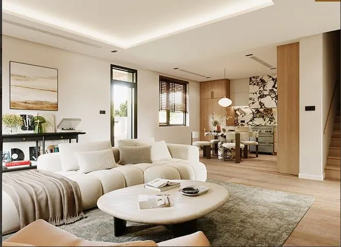 Modern Contemporary Living Room with Open Kitchen & Dining Area with Modern Living Room Designs at Deskanddecor