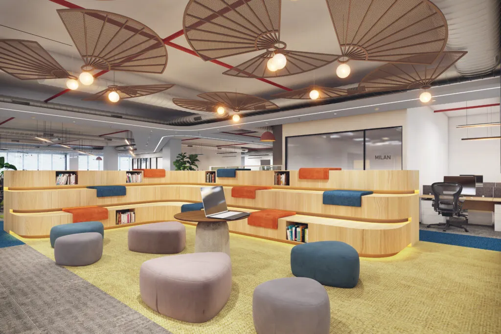 Corporate Office Breakout/Collaboration Zone with Curved Wooden Seating with Corporate Office Layouts at Deskanddecor
