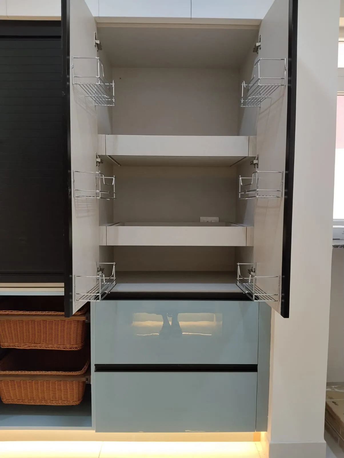 Ergonomic Kitchen Solution High-Capacity Pantry Unit with Internal Pull-Out Trays and Basket Organizers with Pantry Units at Deskanddecor