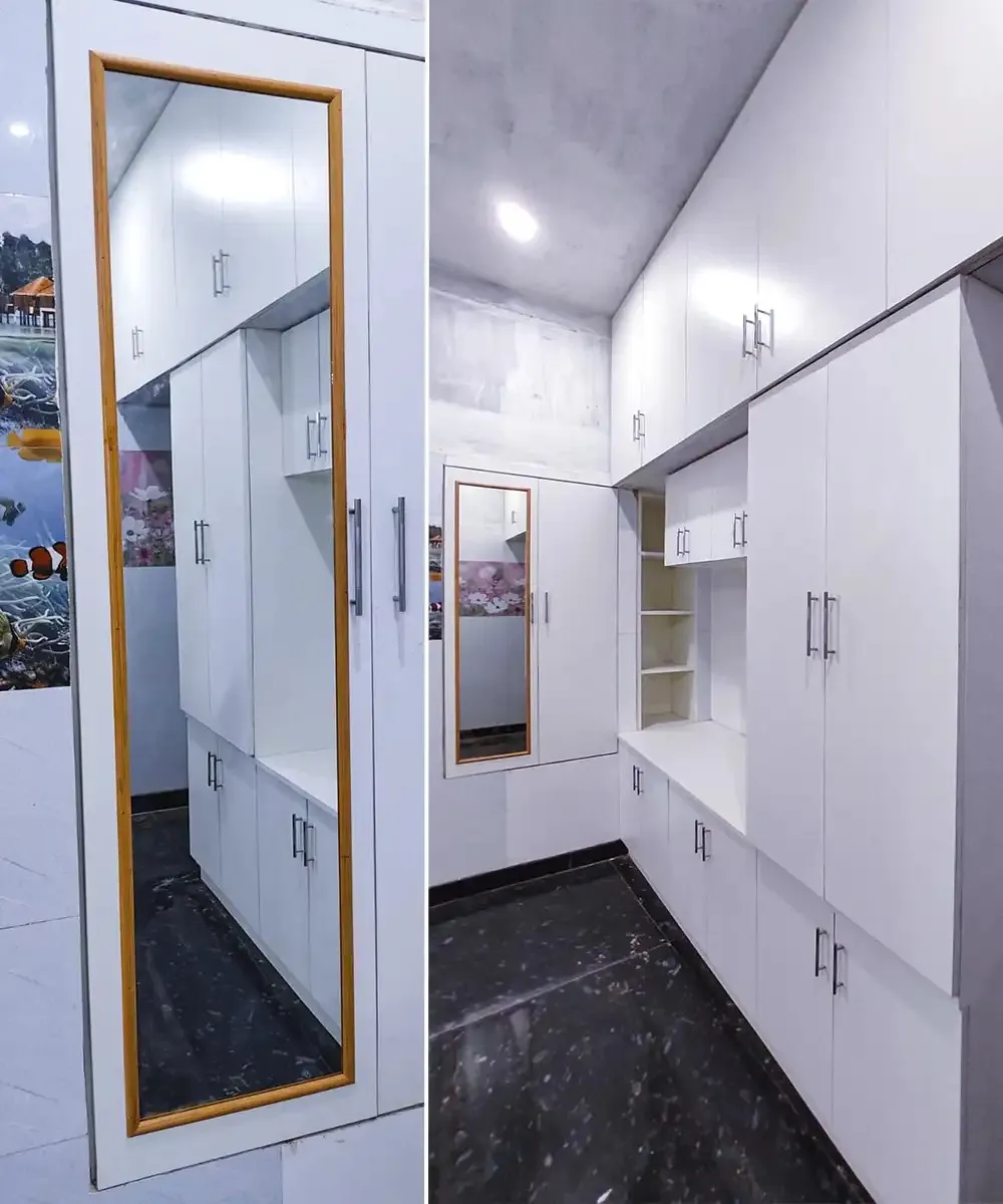 White Loft Wardrobe with Full-Length Mirror with Loft Storage Designs at Deskanddecor